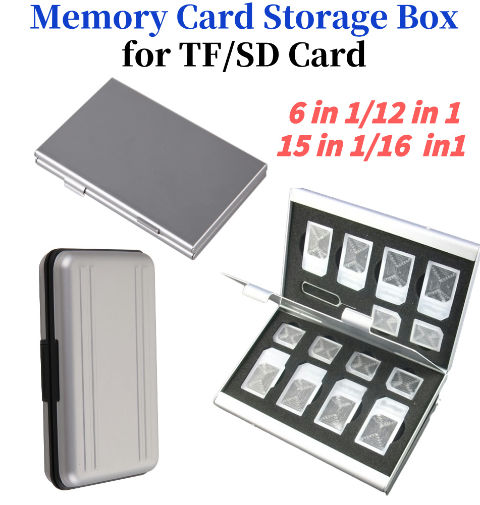 Porte-carte mémoire 6/12/15/16 en 1, mallette de rangement Portable, boîte en aluminium argenté, accessoires pour cartes mémoire SD TF