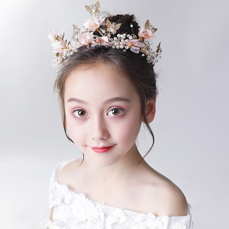 Korean Children&#39;s Head Flower Golden Butterfly White Pearl Flower Headband Flower Girl Birthday Headband Wreath 2021new