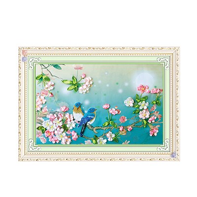 Flor pájaro seda cinta bordado 3D lienzo pintura satén punto de cruz kit artesanía de costura DIY home dec pegatina de pared: with circle