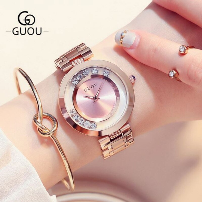 GUOU vrouwen Horloges Rose Gouden Dameshorloge Mode Luxe Armband Horloges Voor Vrouwen Strass Klok Vrouwen reloj mujer saat