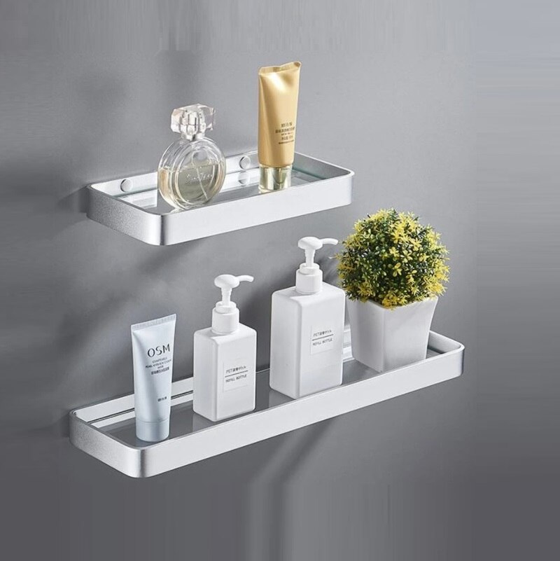 Badeværelseshylde bad bruser hylde søm fri glas hylde satin badeværelse hjørne hylde 25-50cm aluminium køkken opbevaring holder