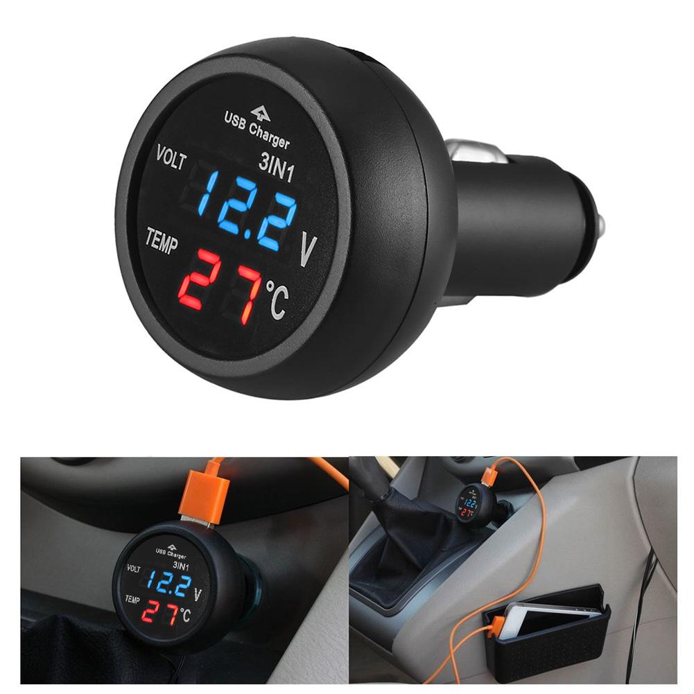 VODOOL 3 in 1 12/24V Car Auto LED Digital Voltmeter Gauge Thermometer Monitor Display USB Charging Charger For Phone Tablet GPS