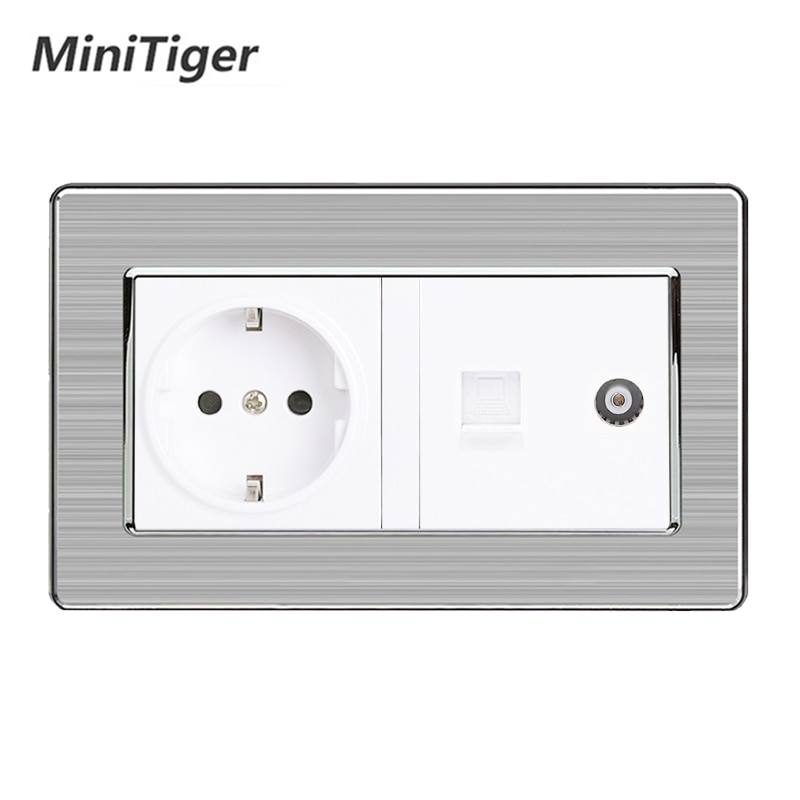 Minitiger eu standard vægstik+hun tv-stik med internet computer data  rj45 kat 5e stik rustfrit stål børstet panel