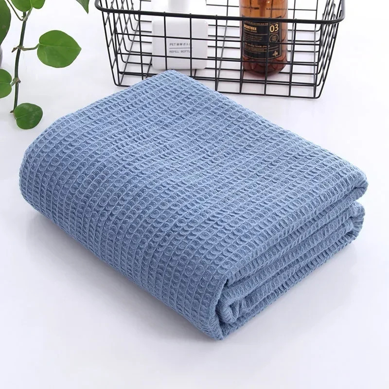 Pure Cotton Honeycomb Waffle Blanket Simple Solid Color Breathable Lunch Break Multifunctional Blanket Air Conditioning Blanket: DEEP BLUE