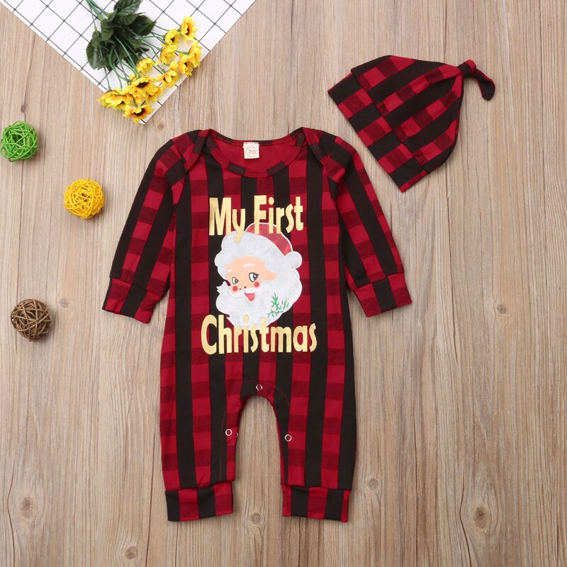 FOCUSNORM Print MY First Christmas Baby Boy Girl Unisex Romper Long Sleeve Plaid Jumpsuit Clothes Outfits