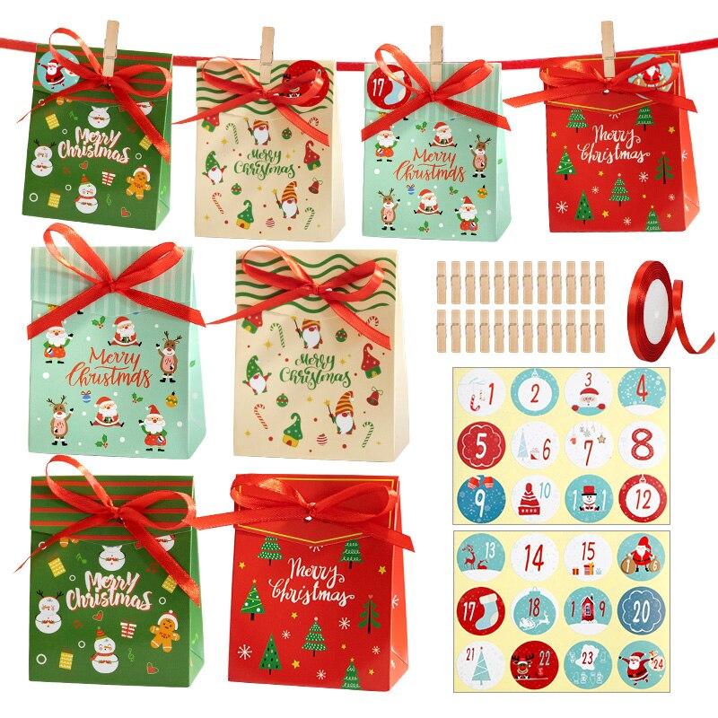 Christmas Advent Calendar Set Countdown Paper Box Winter Party Favor Treats Packaging Candy Pouch Wrap with Xmas Stickers