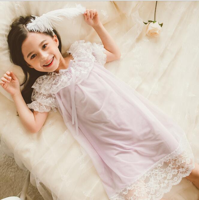 Cotton Kids Nightgowns Princess Lace Summer Girls Ruffles Sweet Style Nightgowns Baby Girl Sleepwear 4 6 8 10 12 14Year: Lavender / 130