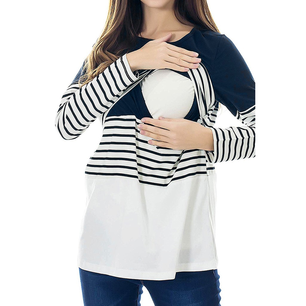 Maternity Blouses And Tops For Pregnant Long Sleeve Maternity Blouse Striped Nursing Tops T-shirt For Breastfeeding Clothes Y824: NY / XXL