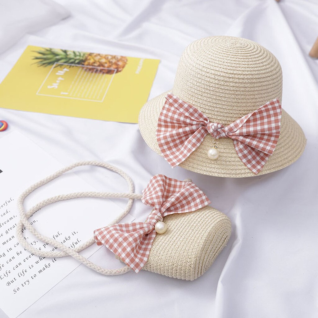 Meisjes Strohoed Leuke Prinses Hoeden Kids Summer Straw Hat Strik Strand Zon Hoeden Voor Meisjes Kinderen Zon hoed: Beige