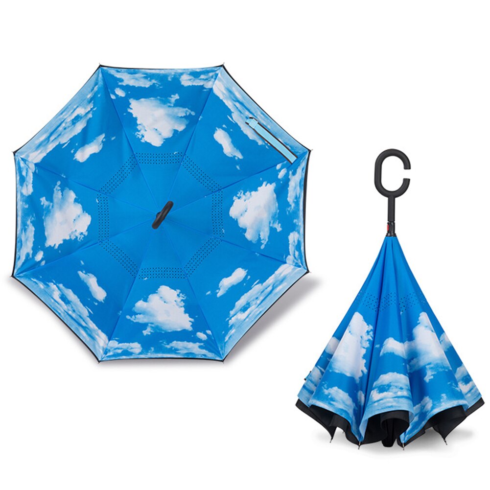 Lady Double Layer Anti-UV Windproof C-Shaped Handle Reverse Folding Umbrella Man Women Sun Rain Car Inverted Upstanding Umbrella