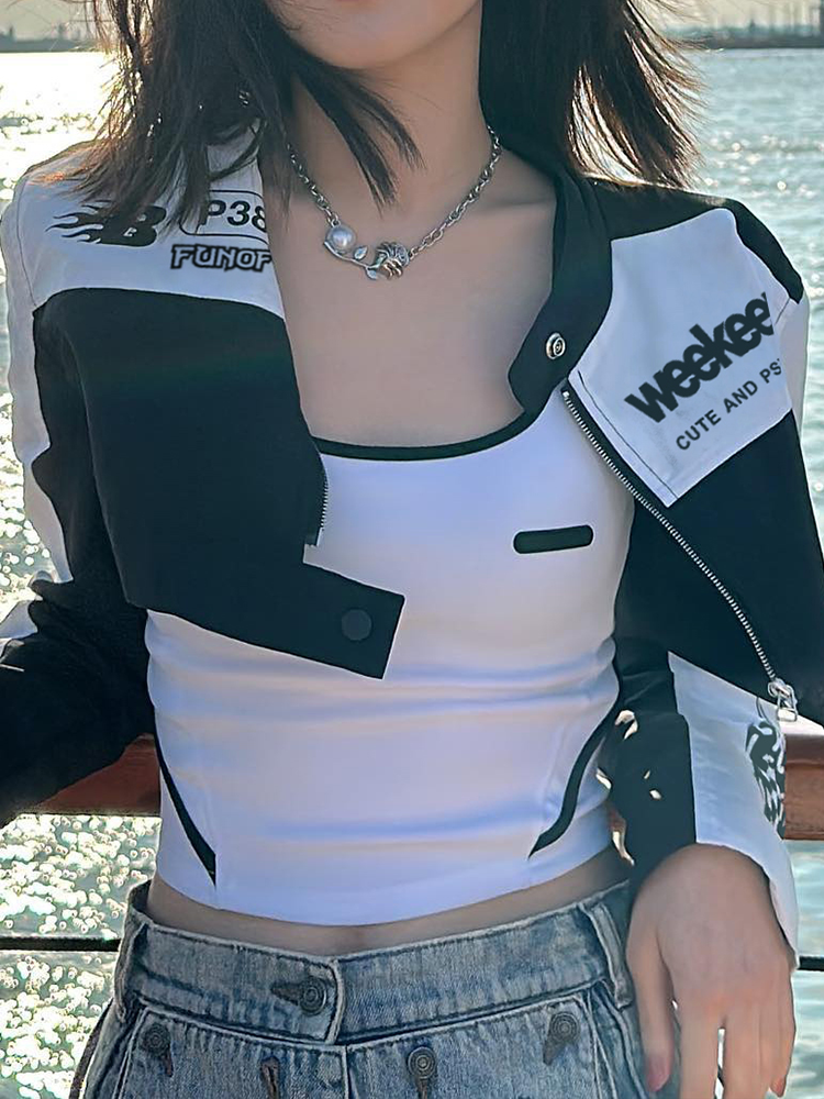 Rockmore cropped jakker til kvinder cool biker-stil streetwear lynlås kort frakke  y2k lange ærmer efterårsovertøj: M