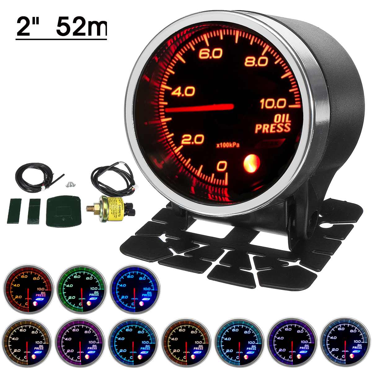 2" 52mm 1/8NPT Oil Press Pressure Gauge Meter LED Display Black Face With Sensor