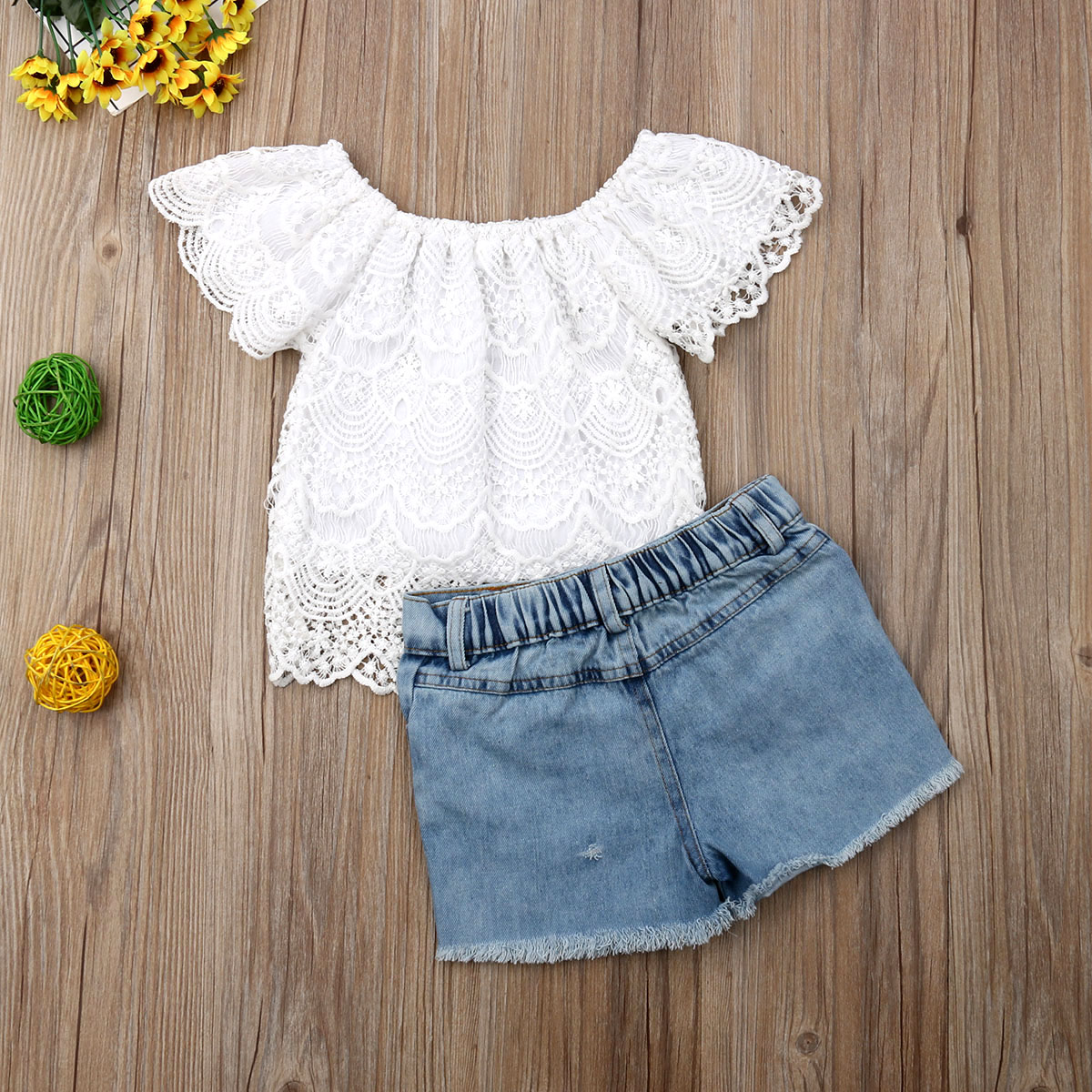 Peuter kinderkleding babymeisje zomer kant bloemen top denim korte broek outfit set 2 stuks zonnepak