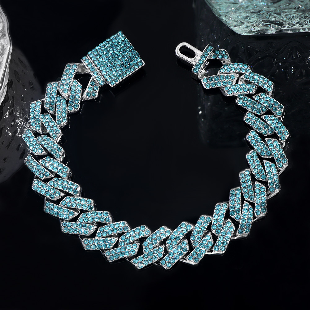 Pulsera de cadena de eslabones cubanos con punta de cristal helado rosa y azul a la para mujer, pulseras cubanas con diamantes de imitación ostentosos, joyería de Hip Hop