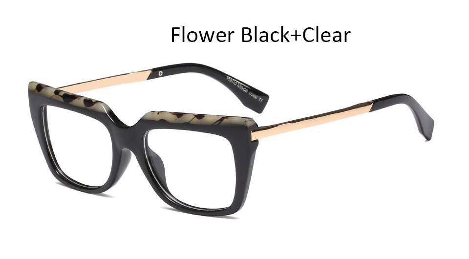 Gafas de mujer negras a la , montura de cristal cuadrada de gran tamaño para mujer, monturas para gafas transparentes de ordenador: Flower Black Clear