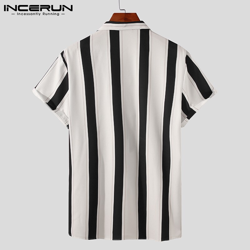 Men Striped Shirt Turn Down Collar Short Sleeve Casual Tops Streetwear Zipper Summer Breathable Camisas 5XL INCERUN