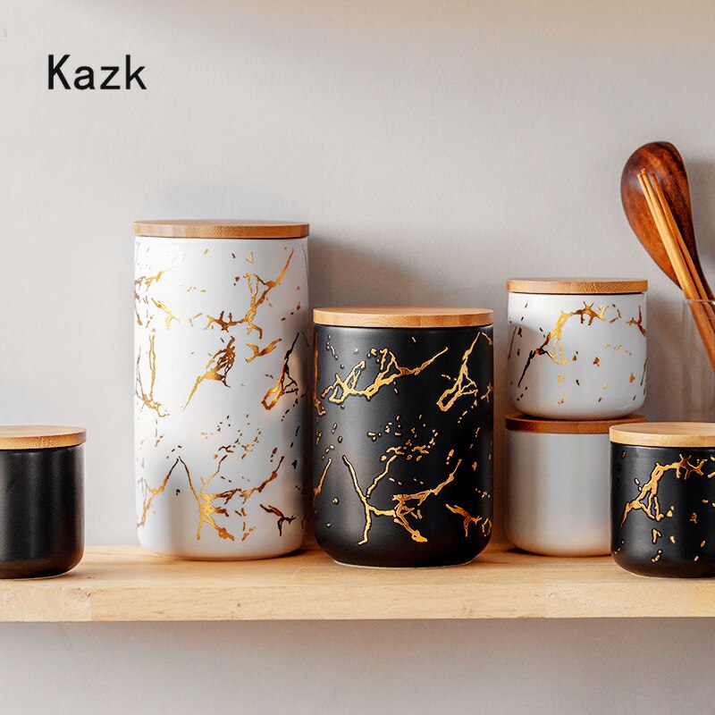 Nordic Black White Ceramic Jars Golden Stroke Matte Storage Suger Jar Coffee Cereal Dispenser Sealed Jar Kitchen Canister Sets