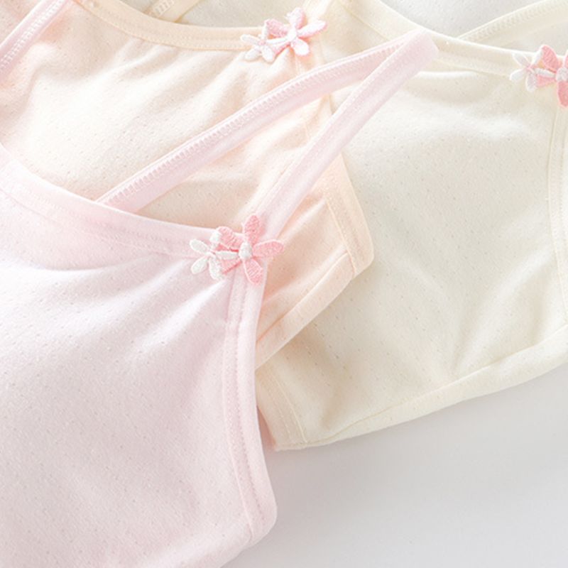 Teenager Puberty Girls Cotton Training Bra Spaghetti Straps Wire Free Sports Underwear Lightly Padded Embroidery Floral Applique