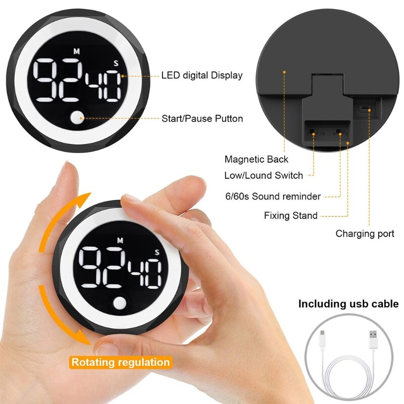 Digital Kitchen Timer w/ Large Led Display, Magnetic Countdown Count up Timer, 2 Levels of Volume Adjustable Button