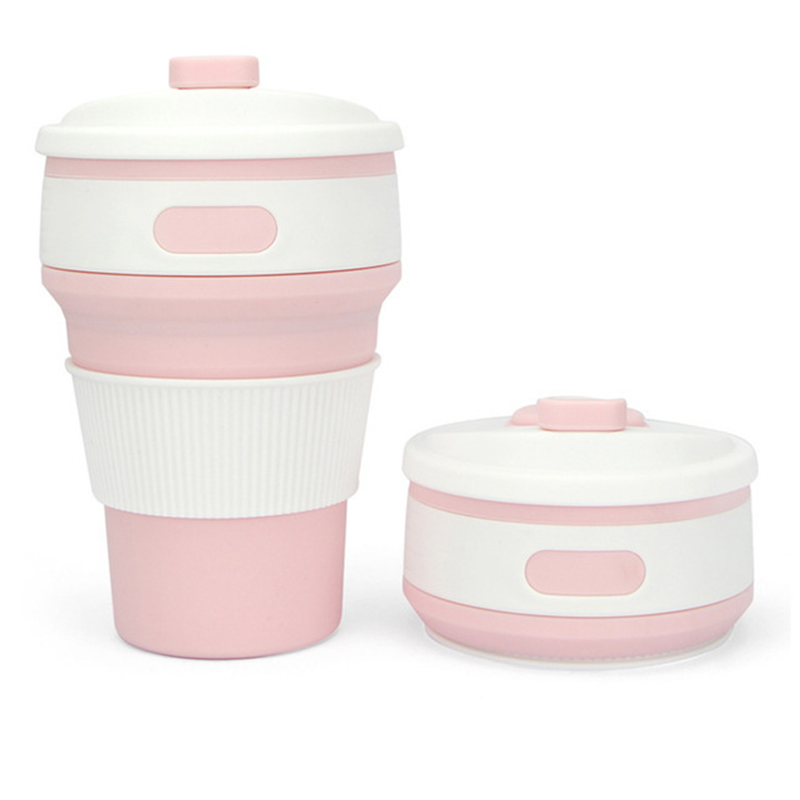 Outdoor Travel Portable Folding Coffee Cup Camping Travel Reusable Silicone Water Cup with Cover: Pink