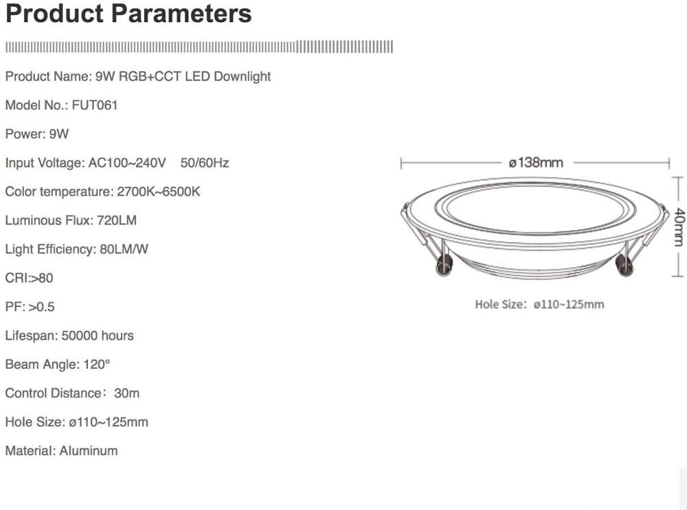 Mi.Light RGB+CCT Led Recessed Ceiling Downlight 9W Controlled by Milight RGB+CCT Remote and Smartphone APP Control Via Mi-Light