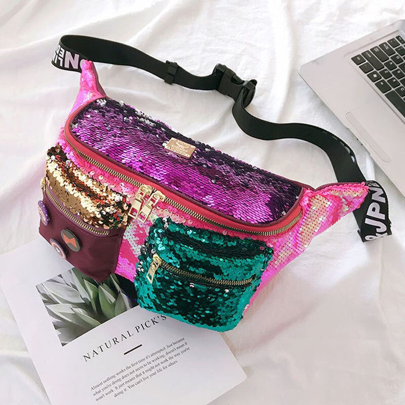 Sequins Hip hop Fanny pack For Women Waist Bag Large capacity Crossbody Chest Bags Female Waist Belt Bag Waist pack: C  Waist Bag