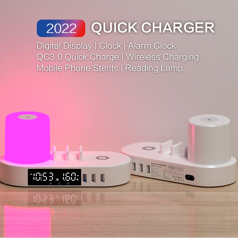 Réveil universel 48W, chargeur Multi USB QC3.0 6 ports USB, charge rapide sans fil, veilleuse rvb pour Smartphone tablette Ipad