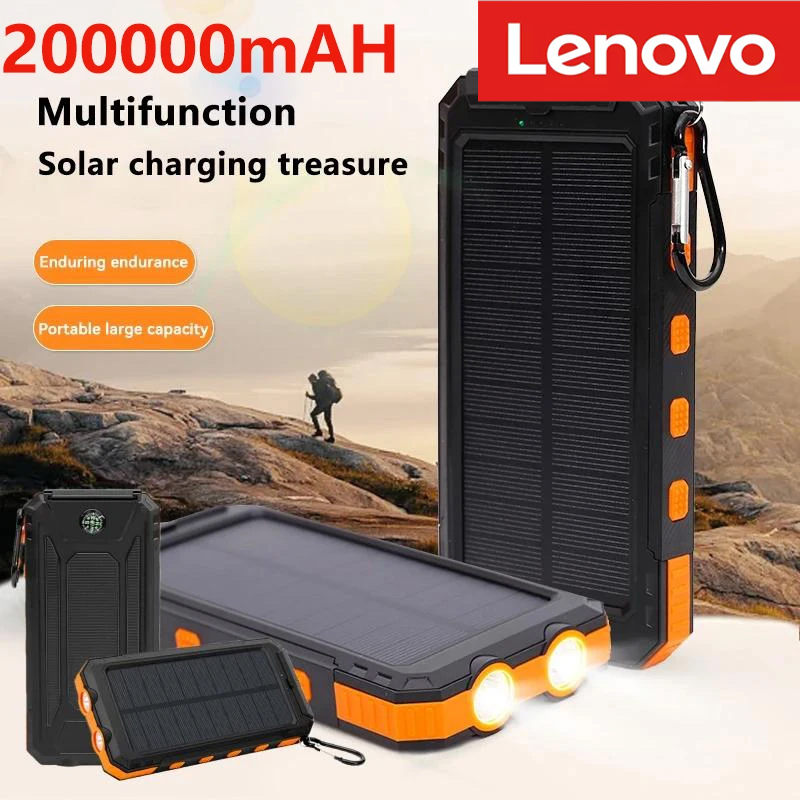Lenovo 200000 mAh solar powerbank acampamento ao ar livre carregador portátil powerbank à prova dwaterproof água carga rápida bateria externa de alta capacidade