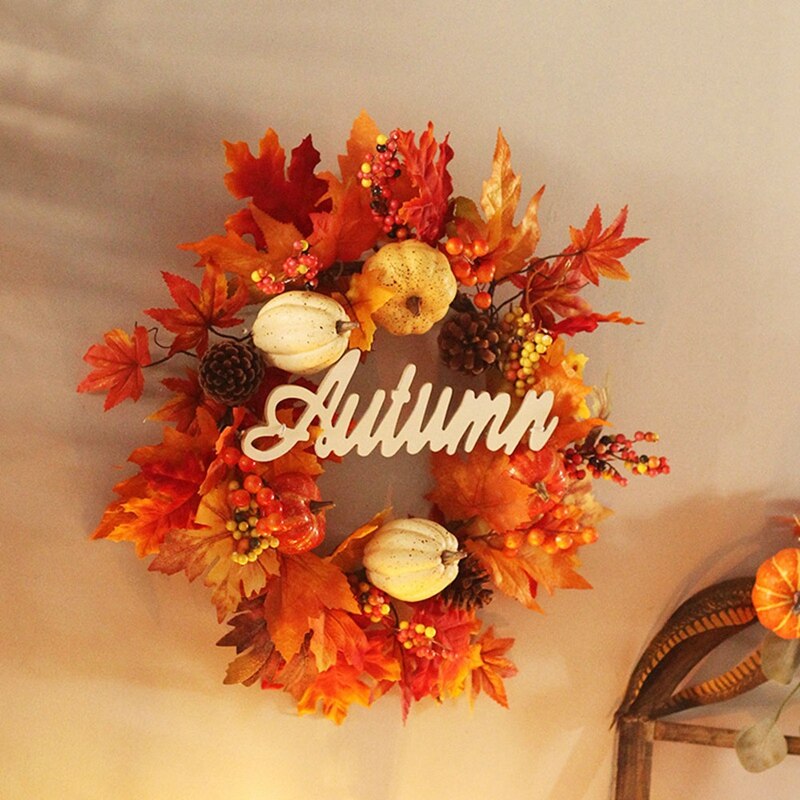 Kunstmatige Krans Met Pompoen Bessen Esdoornblad Voor Herfst Halloween Thanksgiving Dag Deur Thuis Decoratie, 19Inch
