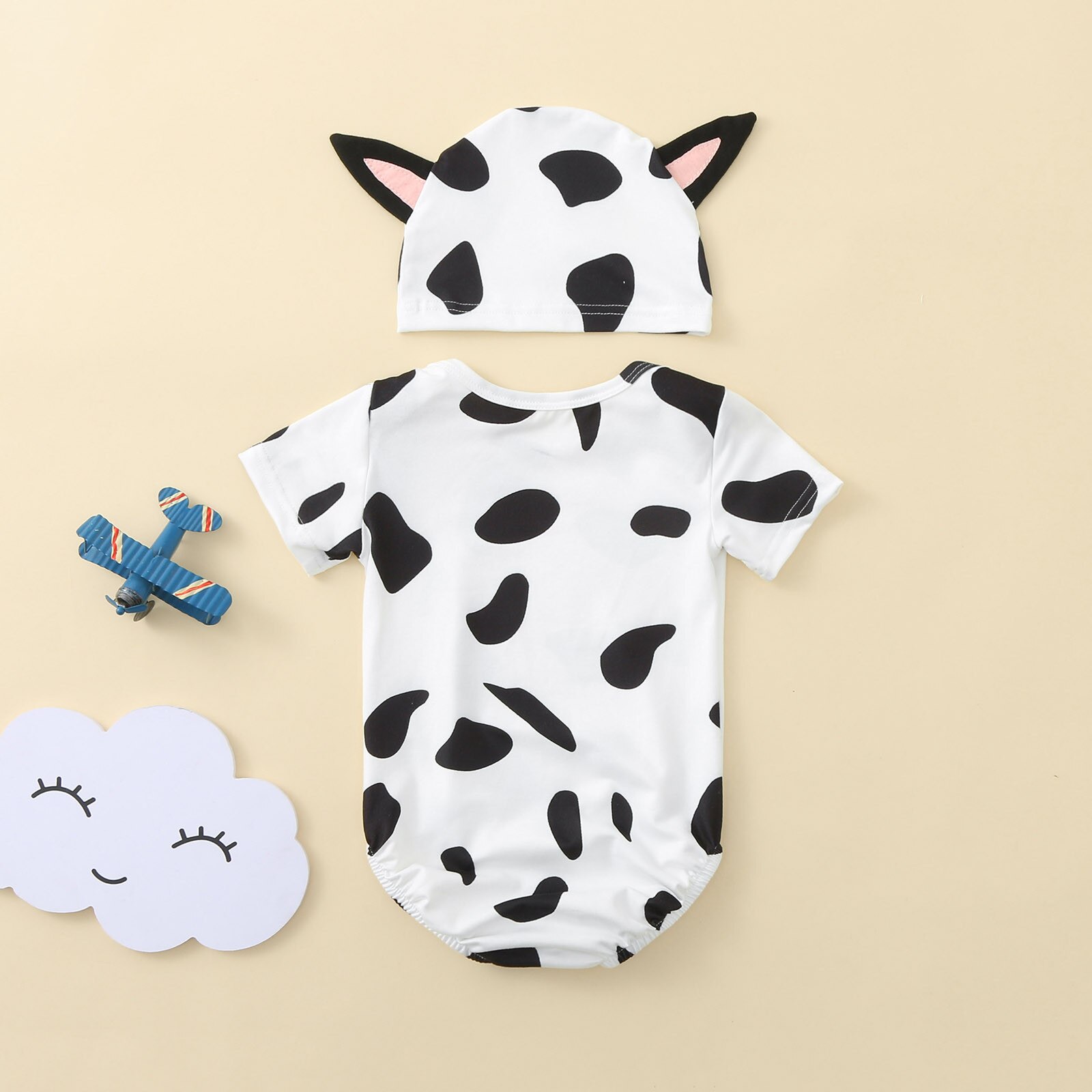 Zomer Baby Baby Boy Meisje Korte Mouw Leuke Bodysuits Cartoon Melkkoe Gedrukt Romper Bodysuit + Hoed Комбинезон Для Малышей