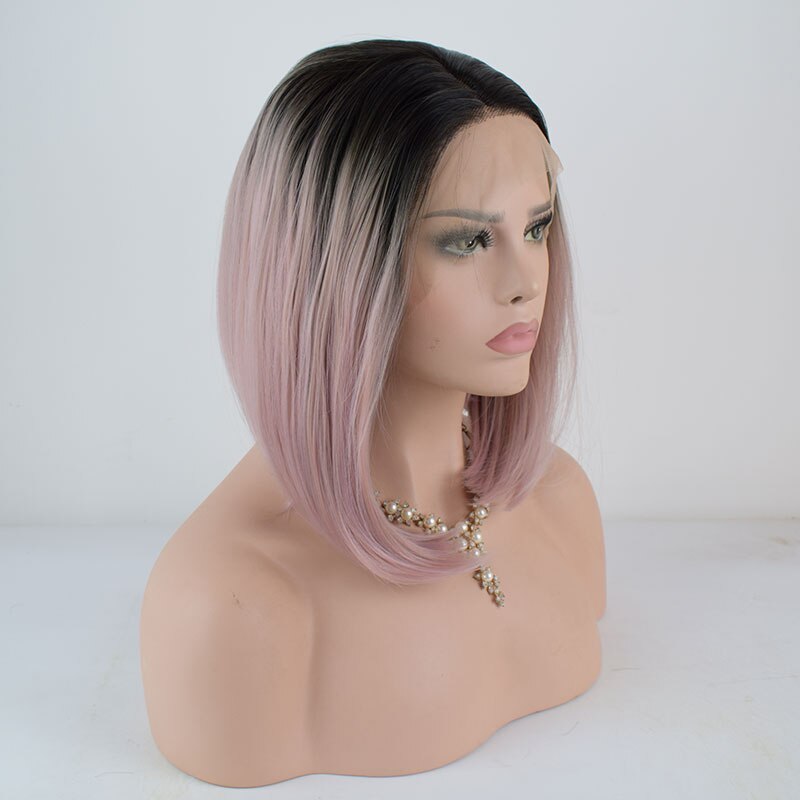 Bombshell Korte Rechte Bob Synthetisch Haar Lace Front Pruik Zwart Ombre Roze Hittebestendige Vezel Haar Middelste Deel Voor Vrouwen pruiken