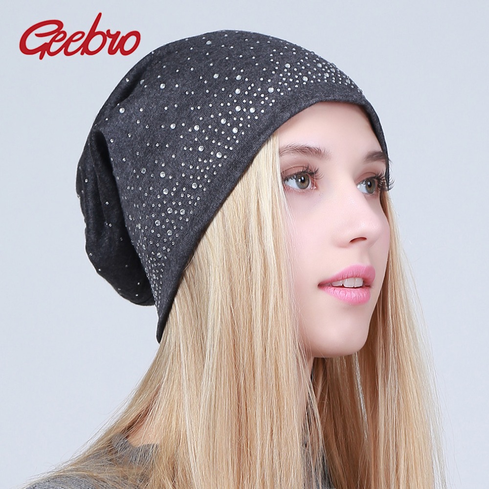 Geebro Women's Winter Slouchy Diamond Beanies &amp; Skullies Ladies Cotton Beanie Hat with Rhinestones Casual Thick Outdoor Ski Caps