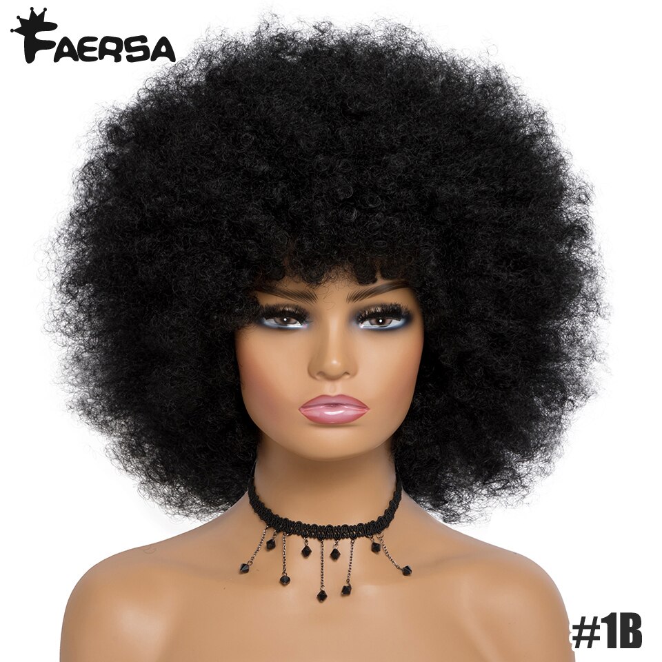 Kort haar Afro Kinky Krullende Pruiken Met Pony Voor Zwarte Vrouwen Afrikaanse Synthetische Ombre Cosplay Natuurlijke Blonde Rood Blauwe Pruik: # 1B