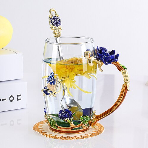 Röd blå ros emalj kristall tekopp kaffekopp fjärilsrosa målad blomma vattenkopp genomskinligt glas sked set  lb51232: Blå b