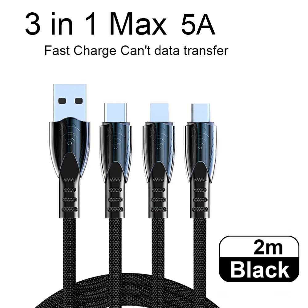 5A szybkie ładowanie 3 w 1 kabel USB Multi szybka ładowarka mikro USB typ C kabel dla iphone'a dla samsunga dla Xiaomi Huawei Oneplus: czarny 5A - 2m