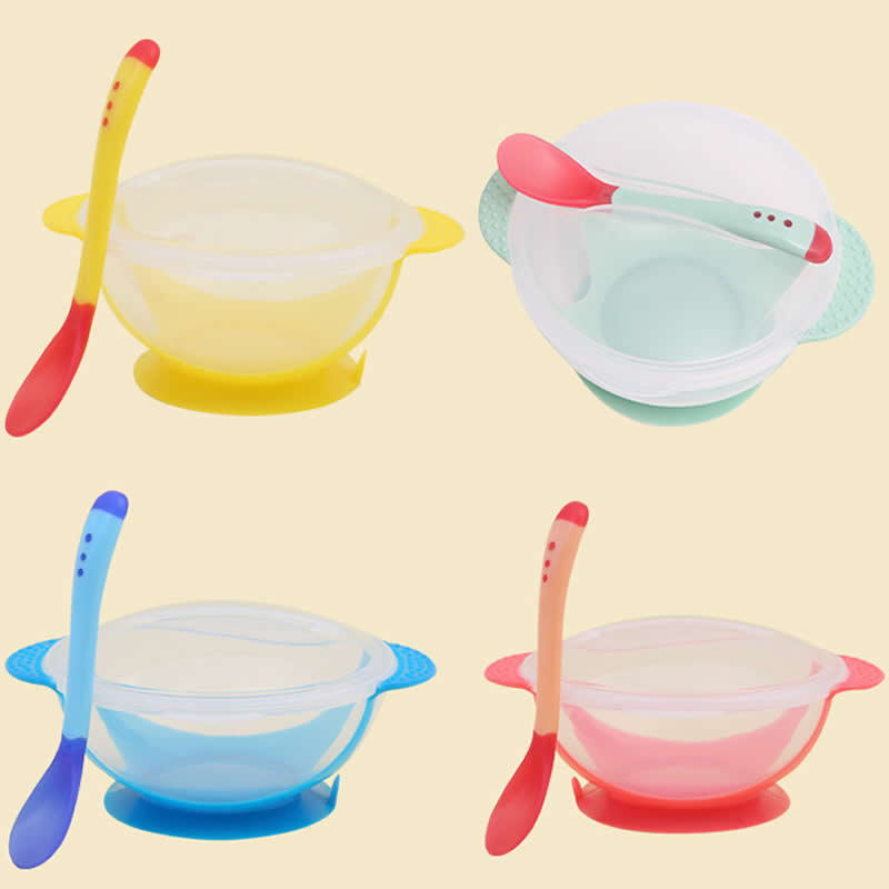 Babybestick 3 stycken / set babysugsservis baby skedskål med temperaturavkänning barnmat matning säker skål servis