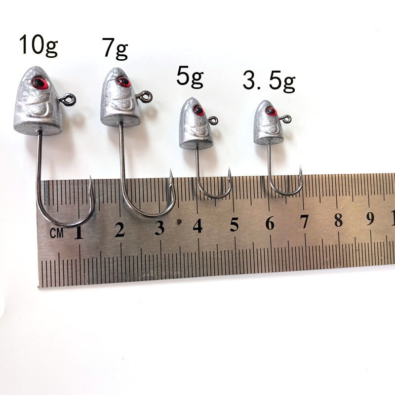 Señuelo de cabeza suave de plomo, aparejo de pesca de lubina, tipo pez 3D, Ojo de 3,5g 5g 7g 10g, cebo de gusano blando de silicona con púas, herramienta de gancho, 6 uds.