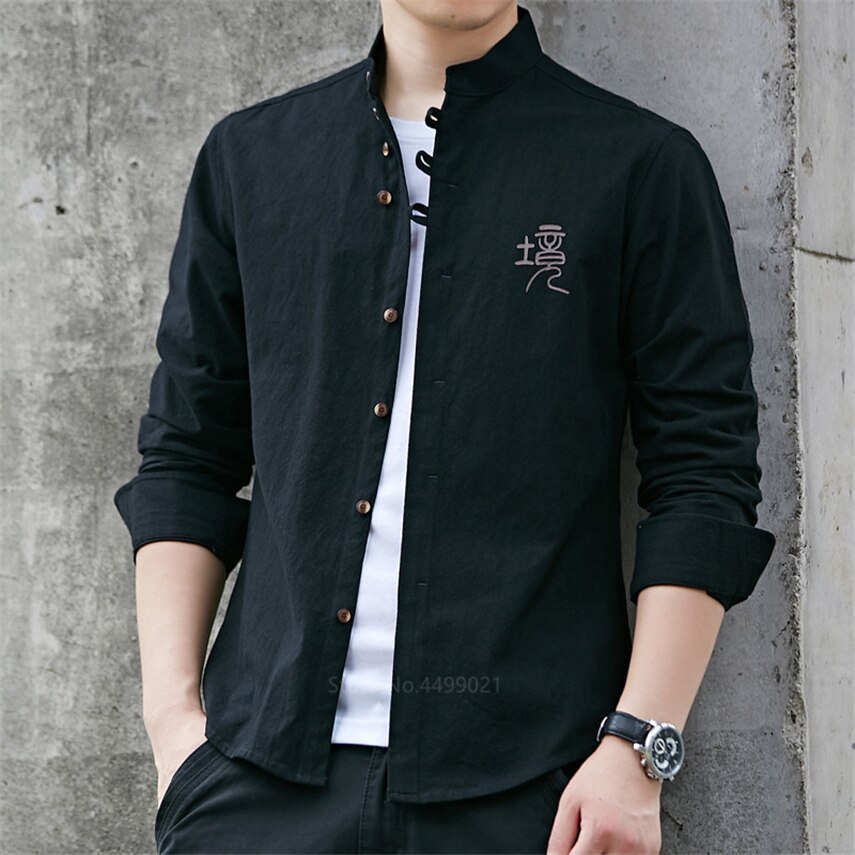 Retro Chinese Man Shirt Casual 100% Katoen Traditionele Tops Mannelijke Mandarijn Kraag Effen Kung Fu Kleding Tuniek Tang Pak
