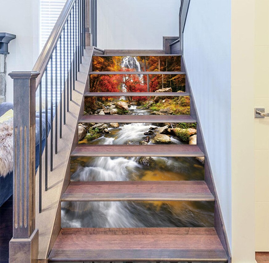 Pegatina para decoración de escaleras, calcomanías artísticas autoadhesivas de PVC, con de cascada, río, casa y escaleras