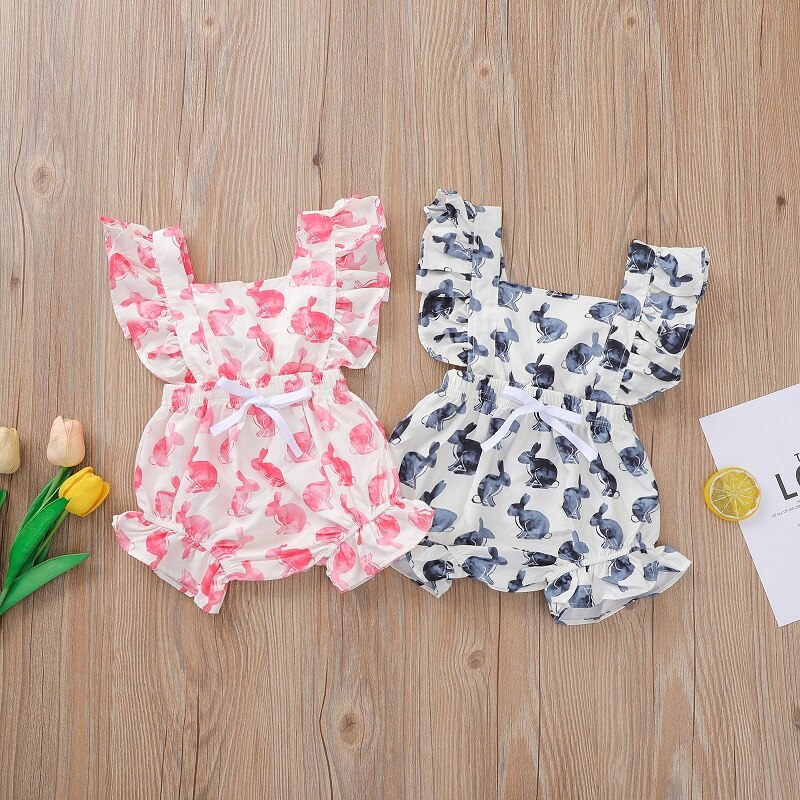 0-24M Pasgeboren Baby Meisje Jongens Rompertjes Ruches Mouwloze Konijn Print Elastische Jumpsuit Zomer Kleding