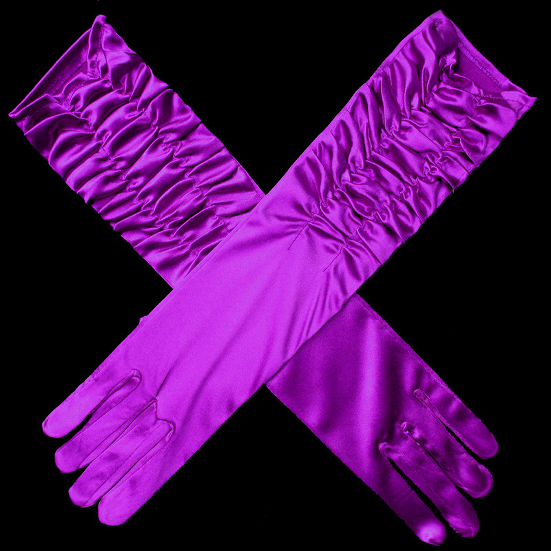 Gants longs en Satin extensible pour adulte, noir, blanc, rouge, gris, peau opéra/coude/poignet, Costume assorti pour femme: Violet