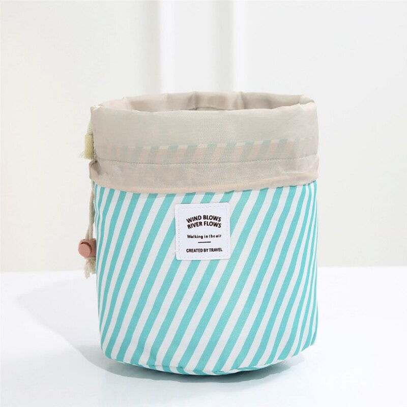 Women makeup bag Drawstring Cosmetic Bag Round Travel Organizer Make Up Case Storage Pouch Toiletry Beauty Kit Necessaries: Blue stripes
