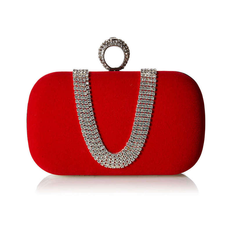 Suede Velvet Rhinestone Stud One Ring Decor Evening Cocktail Clutch Bag(Red): Default Title