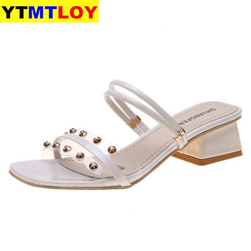 Summer Sandals Women Shoes Women Mules Metal Slides Peep Toe Transparent Square High Heels Female Shoes Gladiator Rivet Square: Beige / 39