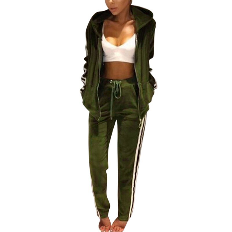 Womens Sportswear spring Winter Warm Velvet Tracksuit 2 Piece Striped hoodies Sweatshirt +Pant Sets Sweat Suit female Clothing: army green / XXL