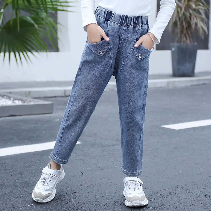 Girls Jeans Patch Pocket Jeans For Teens Girls Elastic Waist Kids Jeans Spring Autumn Casual Jeans Clothes For Girls 6 8 12 Year: 9