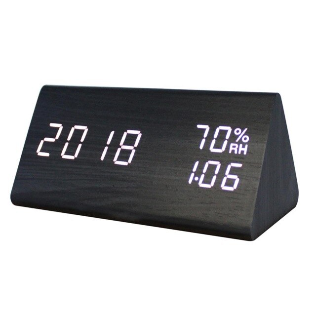 Digital Alarm Clock Wooden Black Humidity 3 Level Brightness Bedroom Bedside Wooden Alarm Clock Electric Clocks White Desk: Black