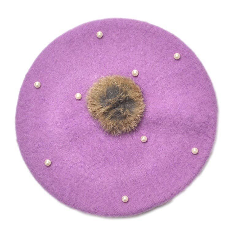 Børn perle kanin pels baret hat til baby piger hue hatte med pompon multicolor: Lilla