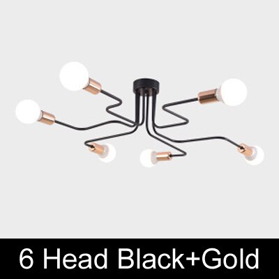 Sort guld nordisk moderne lysekrone belysning til stue soveværelse jern  e27 loft industriel vintage lysekrone lysglans: 6 hoveder sort guld