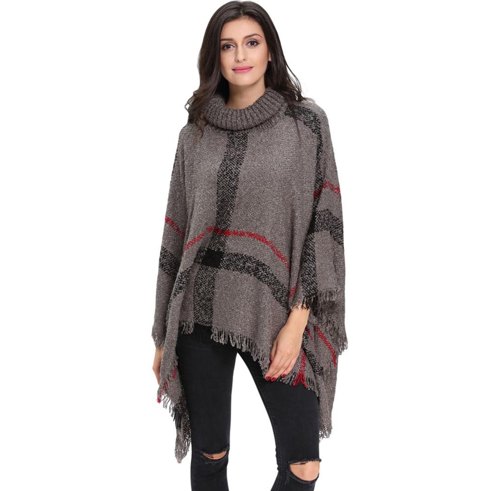 [Visual Axles] Plus Size Winter Warm Women's Wool Turtleneck Sleeveless Pullovers Vintage Plaid Knit Sweater Poncho